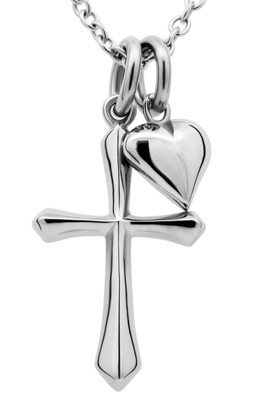 Shields of Strength Stainless Women's Complete Cross / Heir Heart Combo Necklace - John 19:30 / Titus 3:7-Front View Shields of Strength Stainless Women's Complete Cross / Heir Heart Combo Necklace - John 19:30 / Titus 3:7-Front View