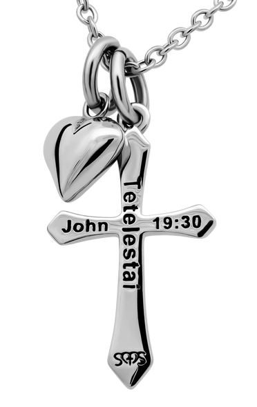 Shields of Strength Stainless Women's Complete Cross / Heir Heart Combo Necklace - John 19:30 / Titus 3:7-Back View Shields of Strength Stainless Women's Complete Cross / Heir Heart Combo Necklace - John 19:30 / Titus 3:7-Back View