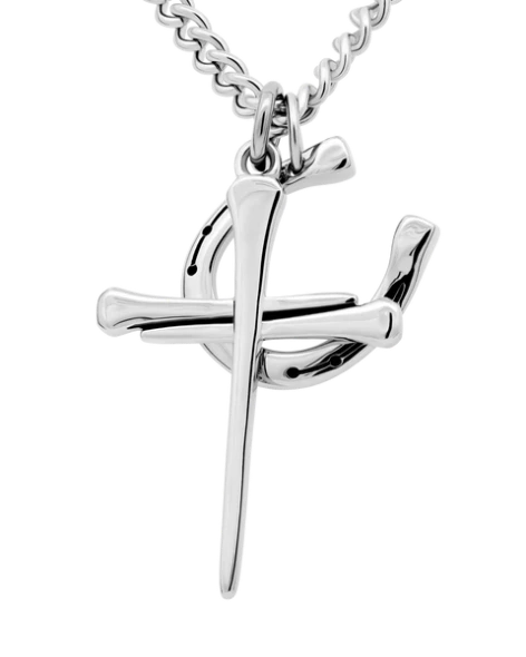 Men's Horseshoe & Nail Cross Necklace - John 19:30 & 1 Corinthians 16:13