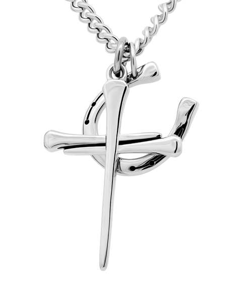 Women's stainless steel horseshoe nail cross & horseshoe combo necklace with engraved scripture.-Front View Women's stainless steel horseshoe nail cross & horseshoe combo necklace with engraved scripture.-Front View