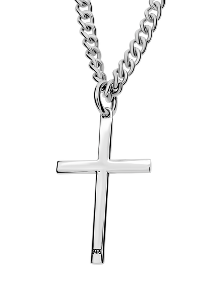 A small men's classic cross necklace with a shining finish and oval ends, available in silver stainless steel. The cross pendant measures 1.23 inches tall and has 'Philippians 4:13' inscribed on the back, attached to a curb chain.
-Front View A small men's classic cross necklace with a shining finish and oval ends, available in silver stainless steel. The cross pendant measures 1.23 inches tall and has 'Philippians 4:13' inscribed on the back, attached to a curb chain.
-Front View