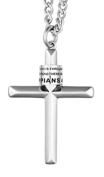 Men's Ridge Cross Duck Band Necklace, stainless steel, engraved John 19:30 & Philippians 4:13, for Christian outdoorsmen.-Front View Men's Ridge Cross Duck Band Necklace, stainless steel, engraved John 19:30 & Philippians 4:13, for Christian outdoorsmen.-Front View
