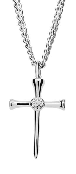 Men's Stainless Steel Golf Cross Necklace featuring two crossed golf tees and Philippians 4:13 scripture inscription-Front View