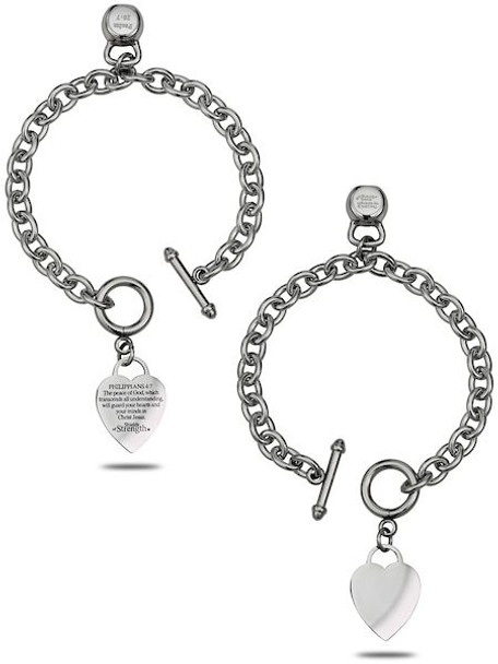 Shields of Strength Stainless Steel Mini Heart Bracelet with Mini Kettle Bell-Psalm 28:7 Front and Back View