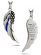 Front and Back View Women's stainless steel angel wing necklace with Thin Blue Line American flag and Psalm 91:11 inscription.
