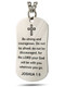 Men's stainless steel dog tag necklace with Joshua 1:9 & Psalm 91 inscriptions, front view on white background.
