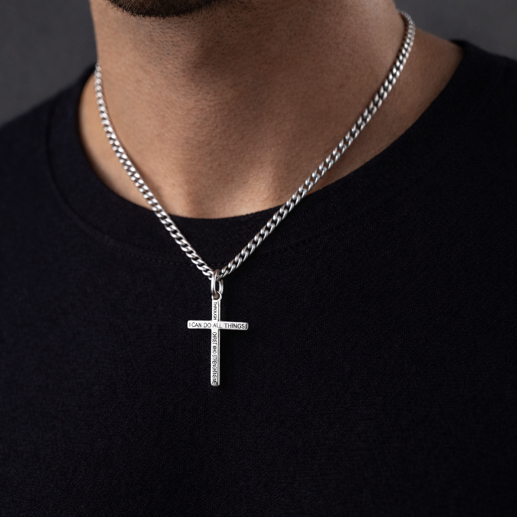 Man wearing Shields of Strength Men's Cross Necklace - Wear your faith with strength