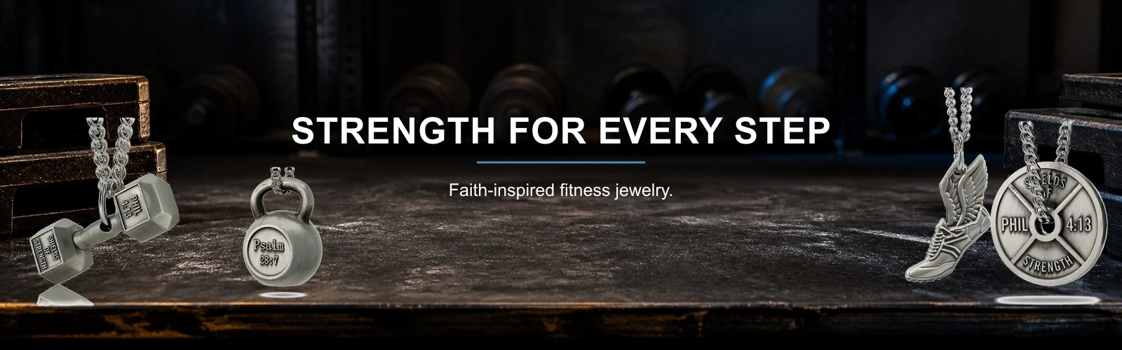 Christian strength and fitness jewelry featuring a dumbbell, weight plate, winged shoe, and kettlebell pendants
