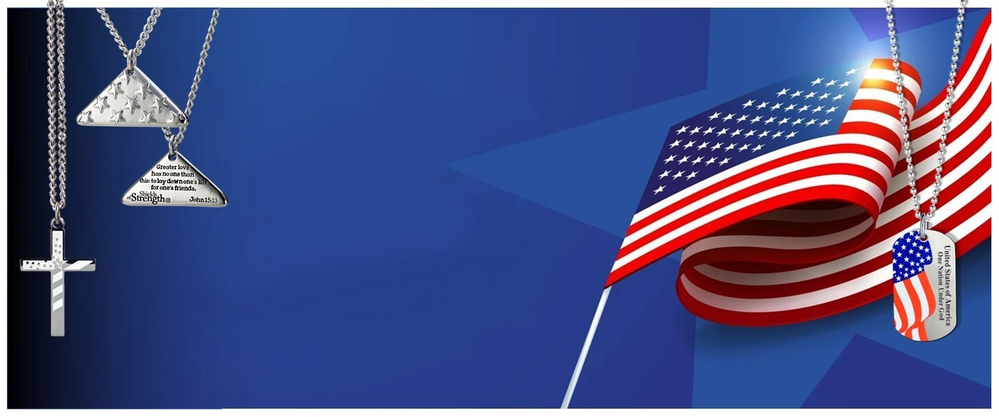 American flag cross necklace and patriotic folded flag jewelry engraved with Bible verses for Memorial Day - Shields of Strength