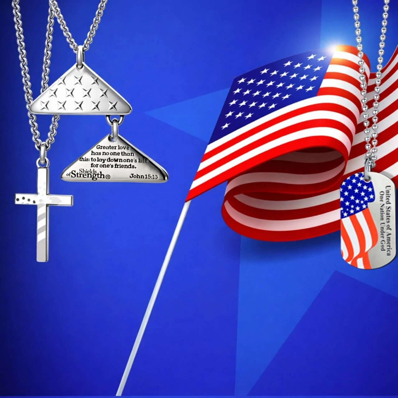 American flag cross necklace and patriotic folded flag jewelry engraved with Bible verses for Memorial Day - Shields of Strength