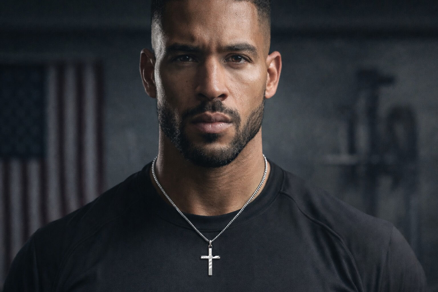 Man wearing Shields of Strength Men's Cross Necklace - Wear your faith with strength