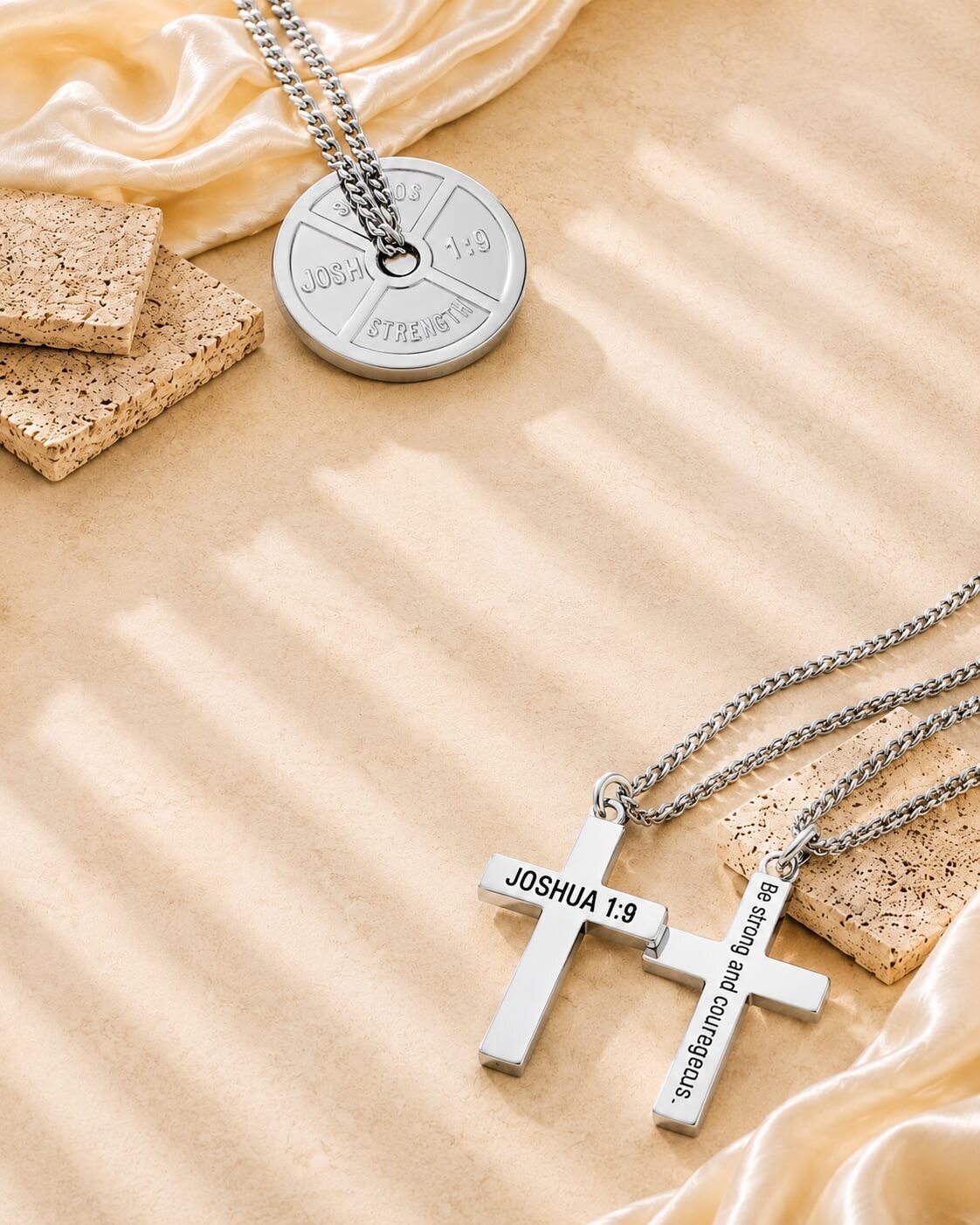 Silver Joshua 1:9 weight plate necklace and cross pendants on a warm neutral background with dramatic lighting, inspirational Christian men's jewelry
