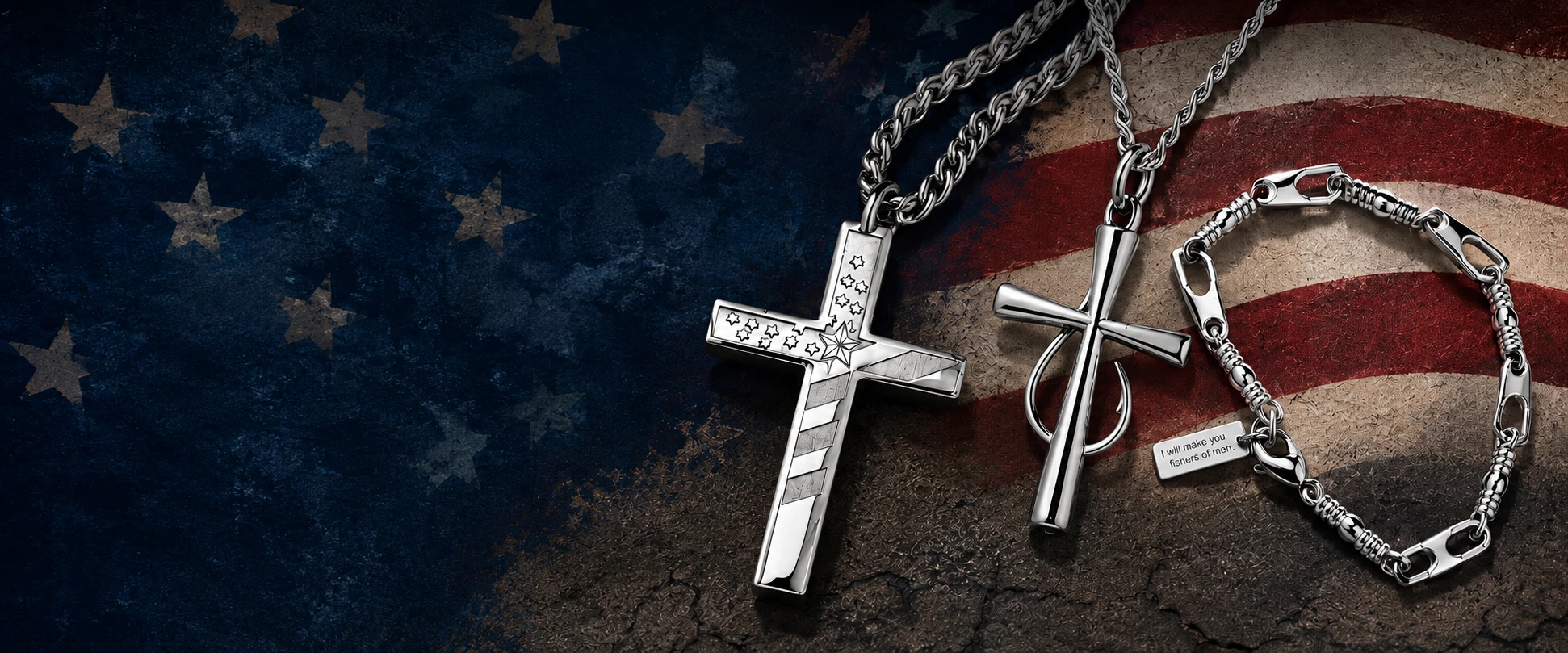 Shields of Strength men's cross necklaces displayed on an American flag