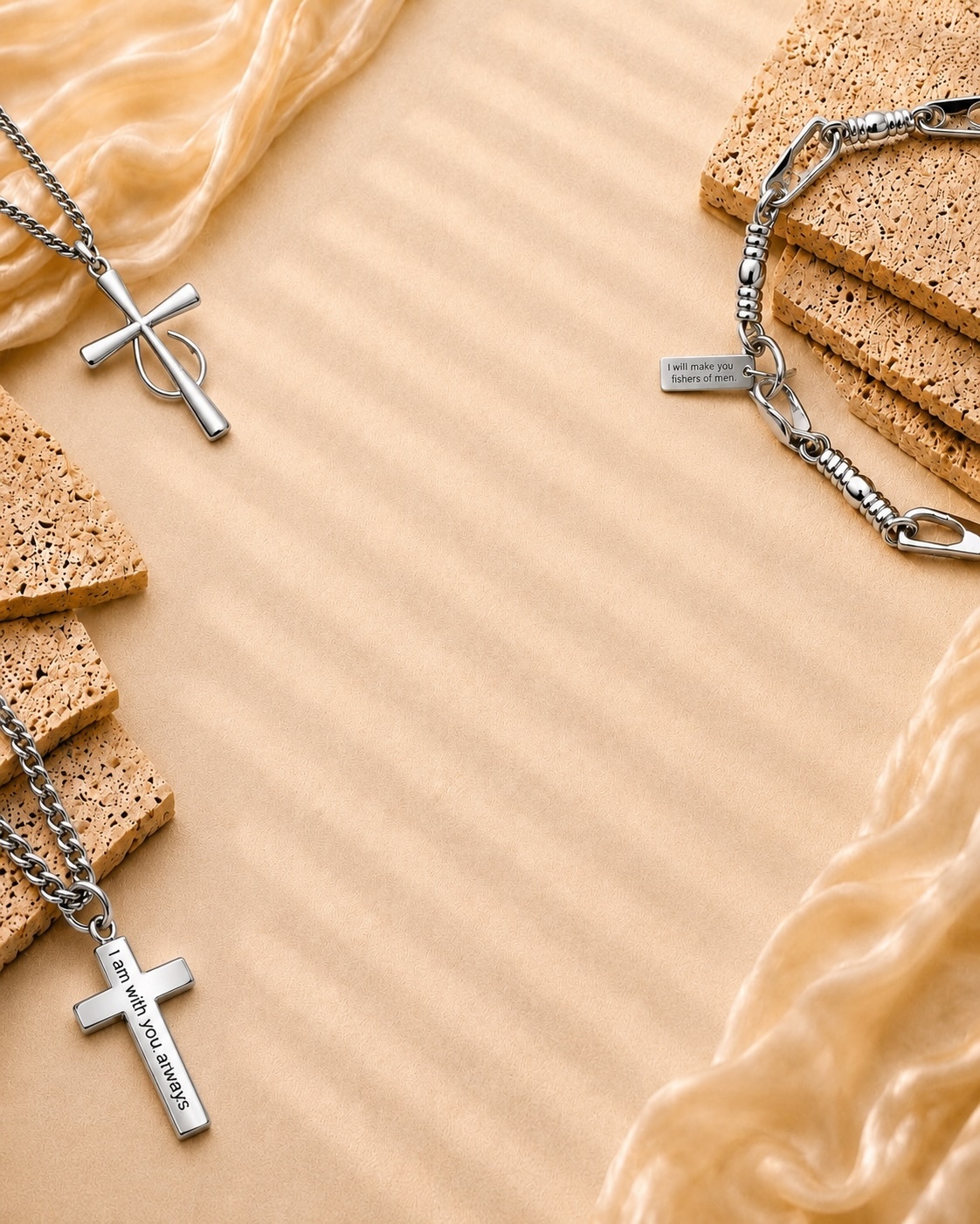 Matthew scripture jewelry collection featuring stainless steel cross necklace 'I am with you always' and 'I will make you fishers of men' bracelet by Shields of Strength