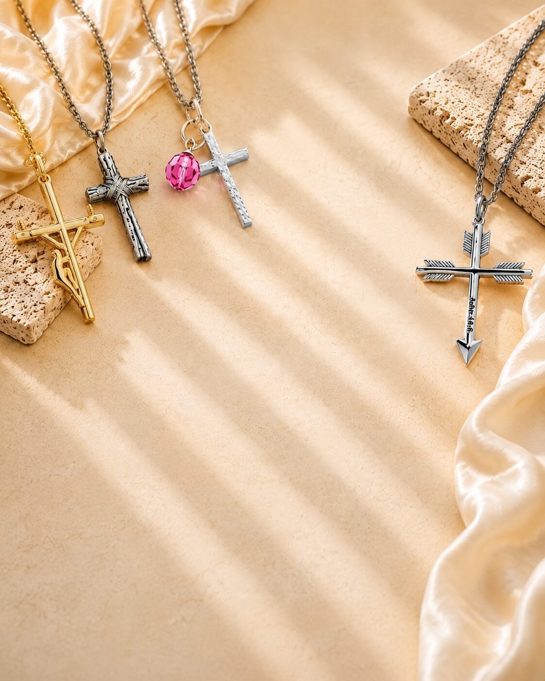 John Verses Christian jewelry collection featuring crosses, lineman pendants and folded flag designs engraved with Scripture from the Gospel of John - Shields of Strength