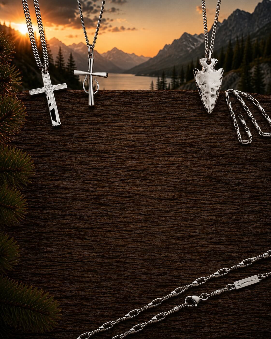 Outdoor Collection banner featuring Christian outdoor necklaces including cross, fish hook, and arrowhead designs with engraved Bible verses.