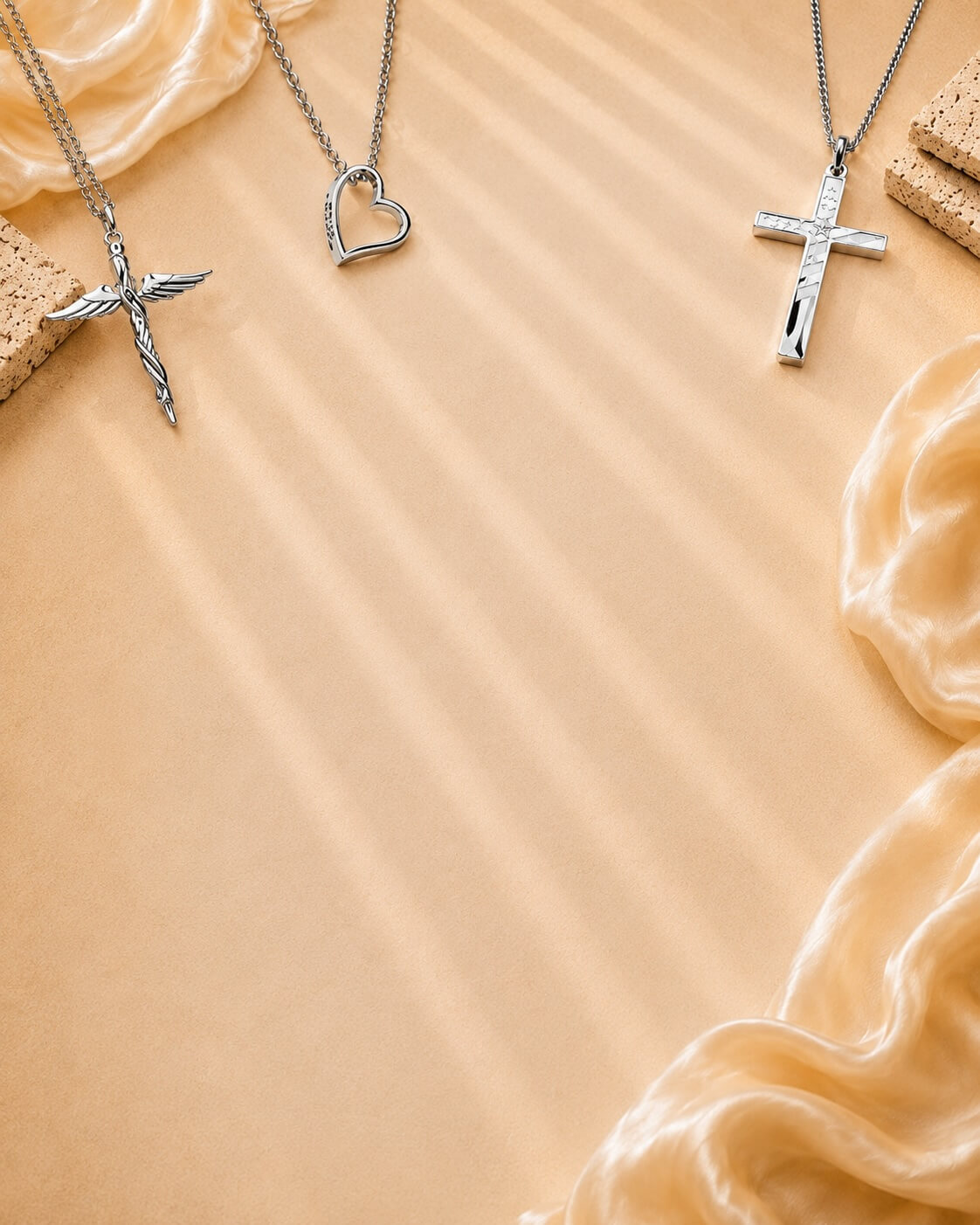 Proverbs scripture jewelry collection featuring stainless steel winged cross, heart necklace, and star cross pendant by Shields of Strength