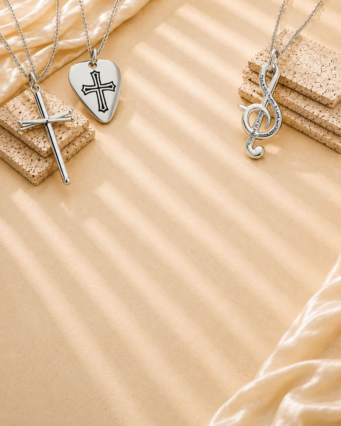 Psalm 101:1 I will sing of mercy and justice Christian guitar pick and drumsticks cross necklace - Music worship jewelry