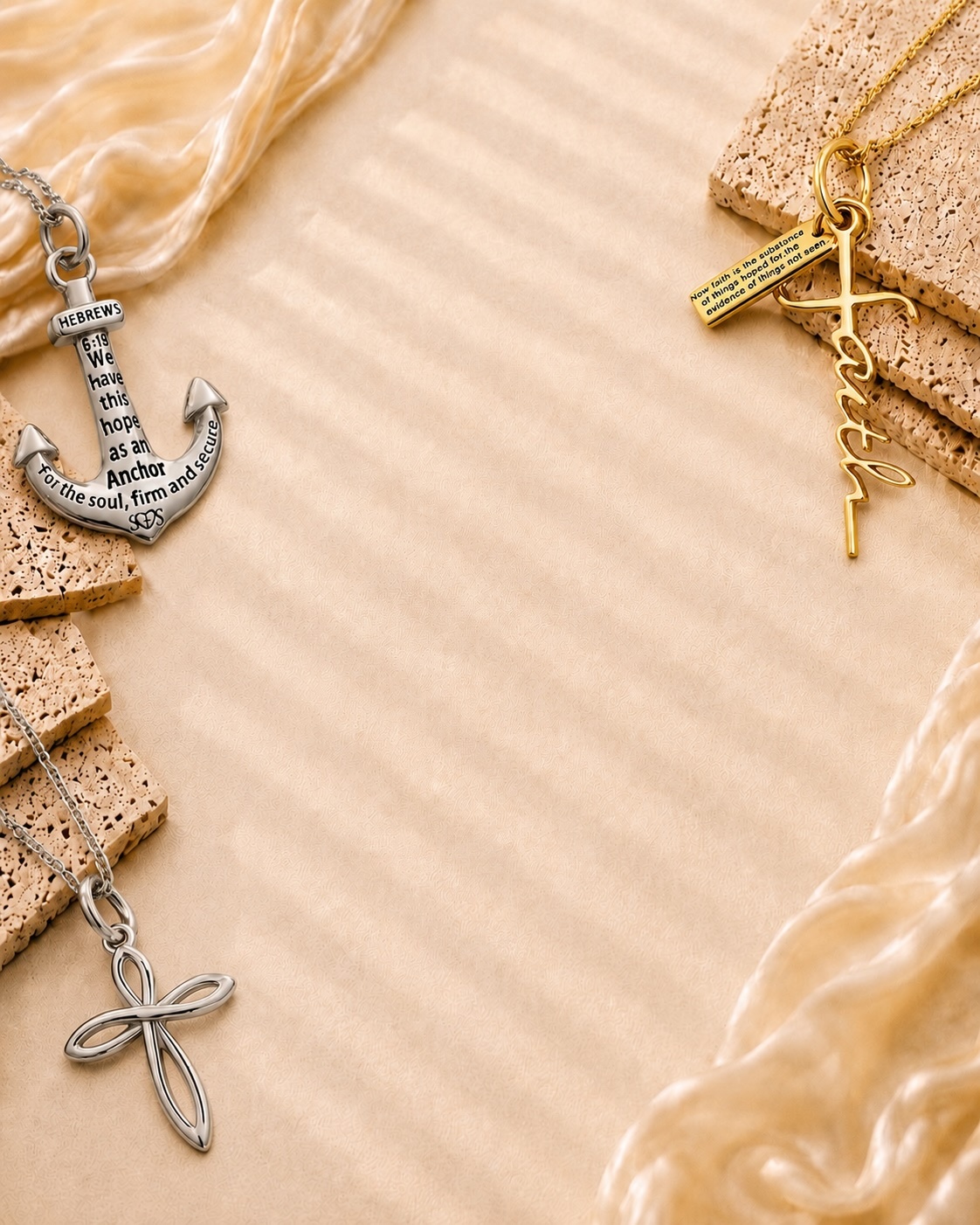 Shields of Strength Hebrews Scripture jewelry collection featuring a silver anchor necklace with Hebrews 6:19 'We have this hope as an anchor for the soul', a gold Faith cross necklace with Hebrews 11:1, and a silver infinity cross pendant on a neutral background.