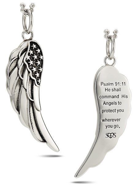 Women's Stainless Steel Flag Angel Wing Necklace - Psalm 91:11