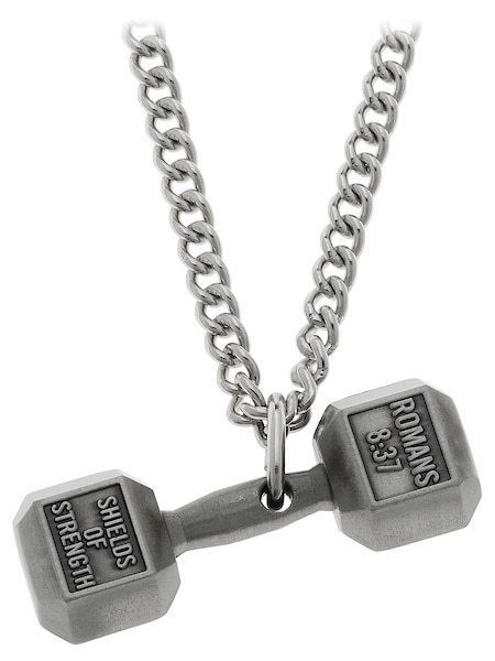 Men's Antique Finish Dumbbell Necklace-Romans 8:37 Shields of Strength - Picture 5 of 8
