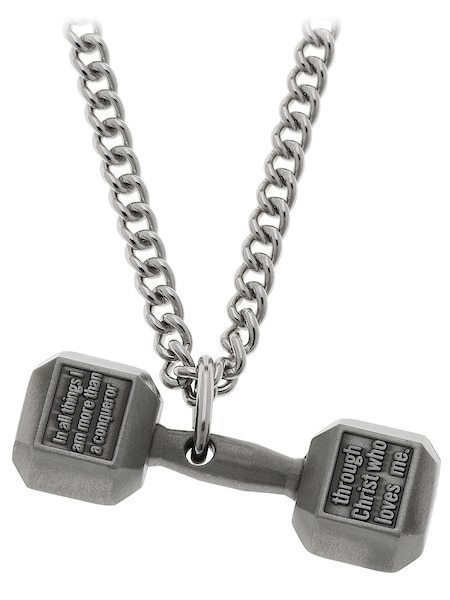 Men's Antique Finish Dumbbell Necklace-Romans 8:37 Shields of Strength - Picture 6 of 8