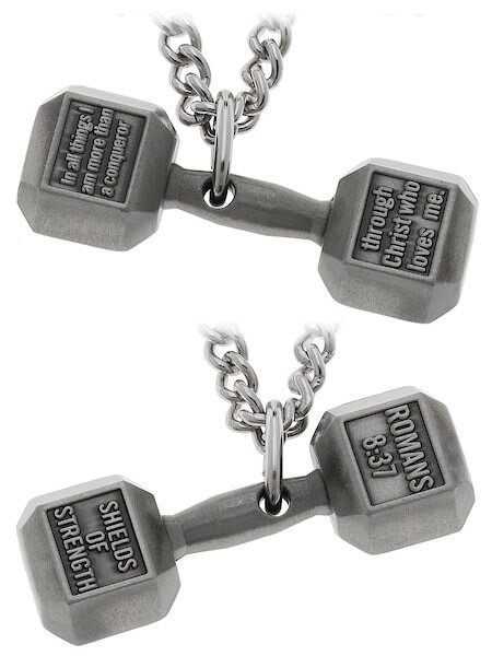 Men's Antique Finish Dumbbell Necklace-Romans 8:37 Shields of Strength - Picture 7 of 8