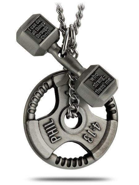 Men's Antique Finish Combo Necklace-Phil 4:13 Dumbbell/Phil 4:13 Grip Plate - Picture 5 of 8