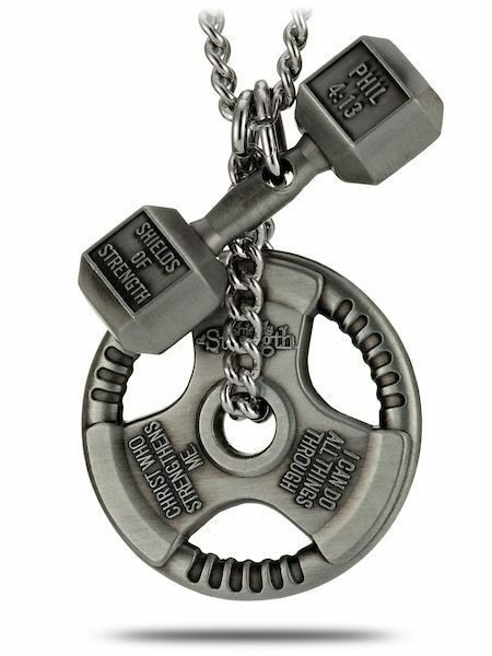 Men's Antique Finish Combo Necklace-Phil 4:13 Dumbbell/Phil 4:13 Grip Plate - Picture 6 of 8