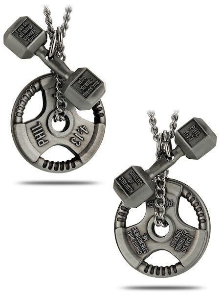 Men's Antique Finish Combo Necklace-Phil 4:13 Dumbbell/Phil 4:13 Grip Plate - Picture 7 of 8