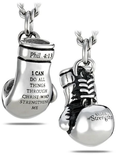 Steel & Gold Boxing Glove Necklace Phil 4:13 — Shields of Strength