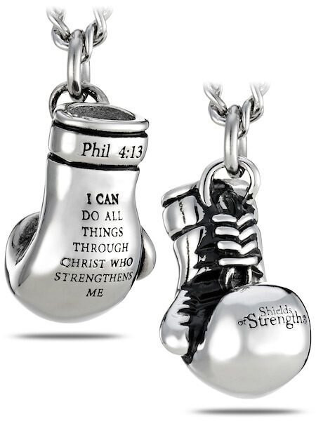 Steel & Gold Boxing Glove Necklace Phil 4:13 — Shields of Strength