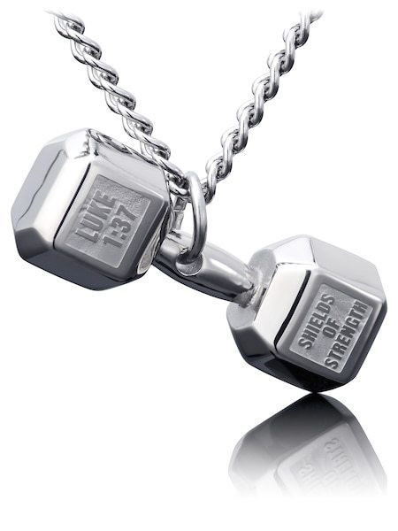 Men's Stainless Steel JUMBO Dumbbell Necklace-Luke 1:37 Shields of Strength - Picture 5 of 8