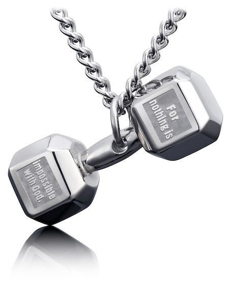 Men's Stainless Steel JUMBO Dumbbell Necklace-Luke 1:37 Shields of Strength - Picture 6 of 8