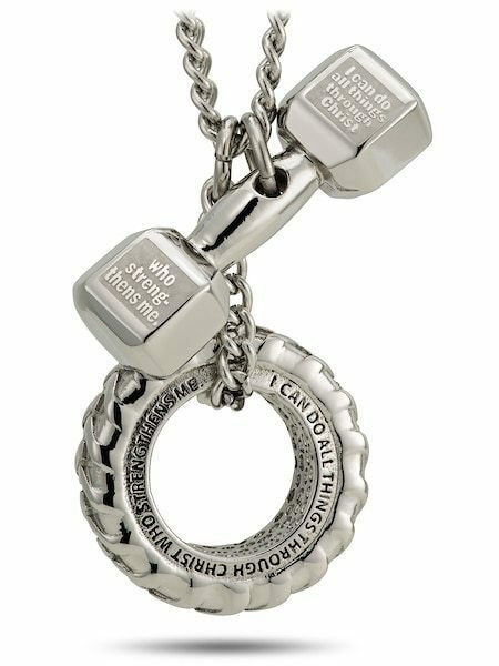 Mens Stainless Steel Combo Necklace-Phil 4:13 Dumbbell and Tire - Picture 5 of 8