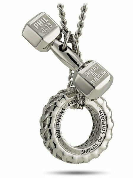 Mens Stainless Steel Combo Necklace-Phil 4:13 Dumbbell and Tire - Picture 6 of 8