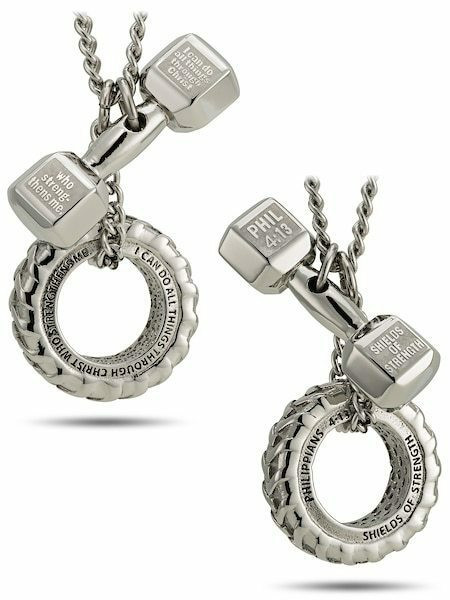 Mens Stainless Steel Combo Necklace-Phil 4:13 Dumbbell and Tire - Picture 7 of 8