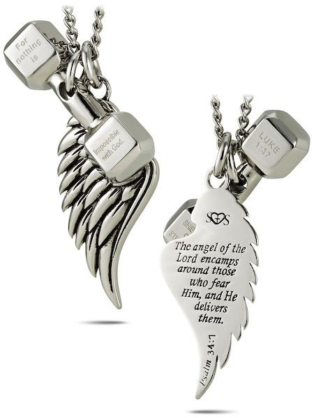 Women's Stainless Steel Combo Necklace-Lk 1:37 Mini Dumbbell/Angel Wing Ps 34:7 - Picture 7 of 8