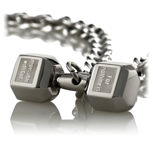 Men's Stainless Steel JUMBO Dumbbell on Linked Chain Necklace-Luke 1:37 - Picture 6 of 8