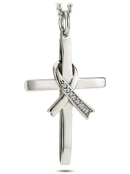 Women's Stainless Steel Crystal Ribbon Cross Necklace - Isaiah 46:4