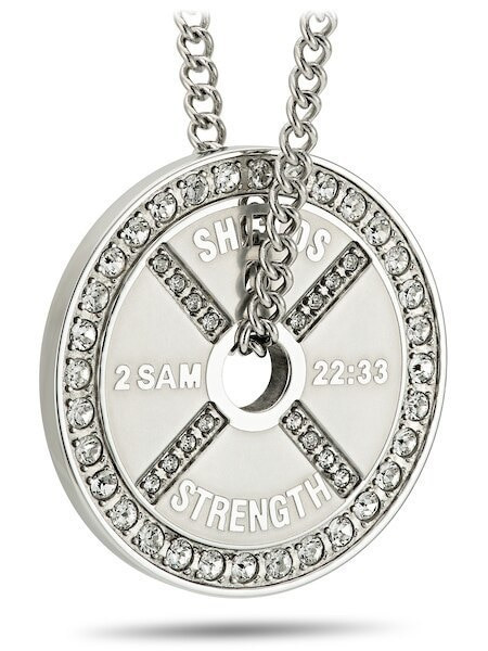 Women's Stainless Weight Plate accented w/ Swarovski Necklace-2 Samuel 22:33 - Picture 5 of 8