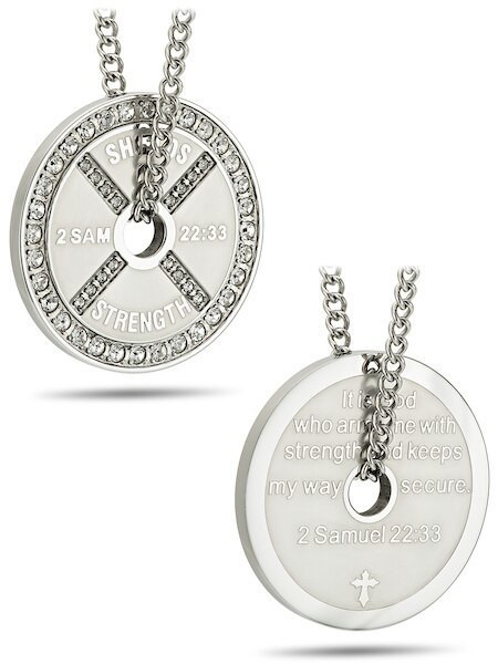 Women's Stainless Weight Plate accented w/ Swarovski Necklace-2 Samuel 22:33 - Picture 7 of 8