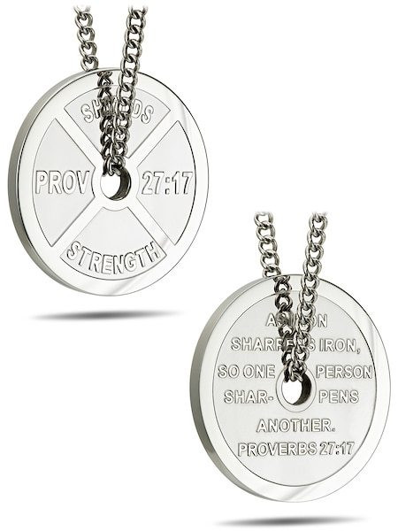 Women's Stainless Weight Plate Necklace-Proverbs 27:17 Shields of Strength - Picture 7 of 8