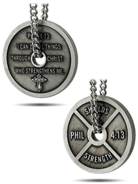 Women's Antique Finish Mini Weight Plate Necklace-Phil 4:13 Shields of Strength - Picture 7 of 8