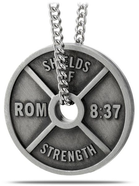 Women's Antique Finish High Relief Weight Plate Necklace-Romans 8:37 - Picture 5 of 8