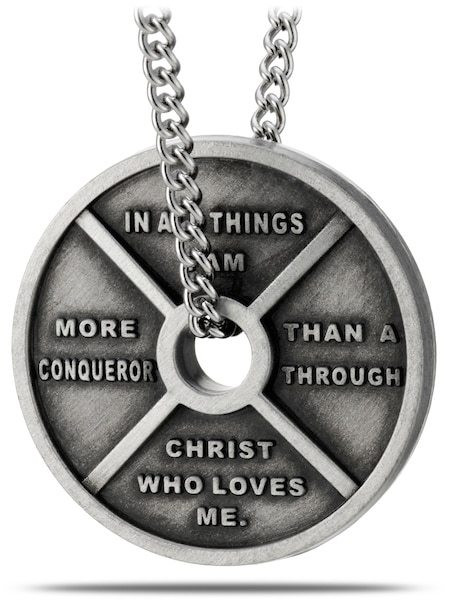 Women's Antique Finish High Relief Weight Plate Necklace-Romans 8:37 - Picture 6 of 8