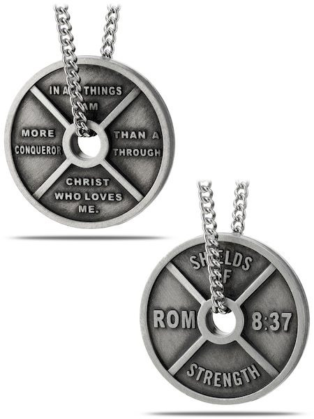 Women's Antique Finish High Relief Weight Plate Necklace-Romans 8:37 - Picture 7 of 8