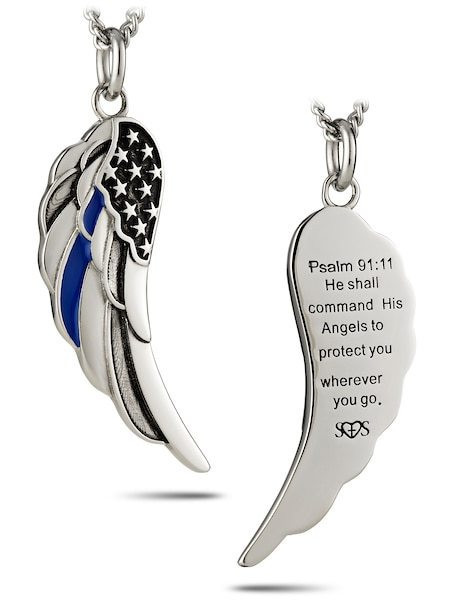 Stainless Steel Angel Wing-Thin Blue Line Necklace -Ps 91:11 Shields of Strength - Picture 8 of 8