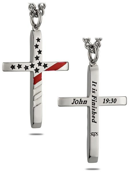 Men's Tapered Flag Cross with Thin Red Line Necklace-Jn 19:30 - Picture 7 of 8