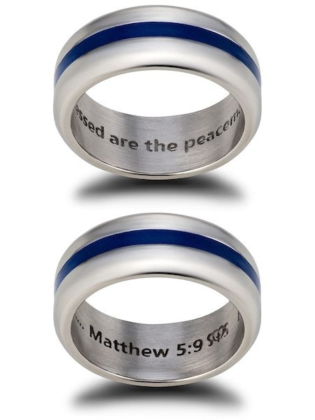 Men's Stainless Steel Thin Blue Line Ring-Matthew 5:9 Shields of Strength - Picture 7 of 8